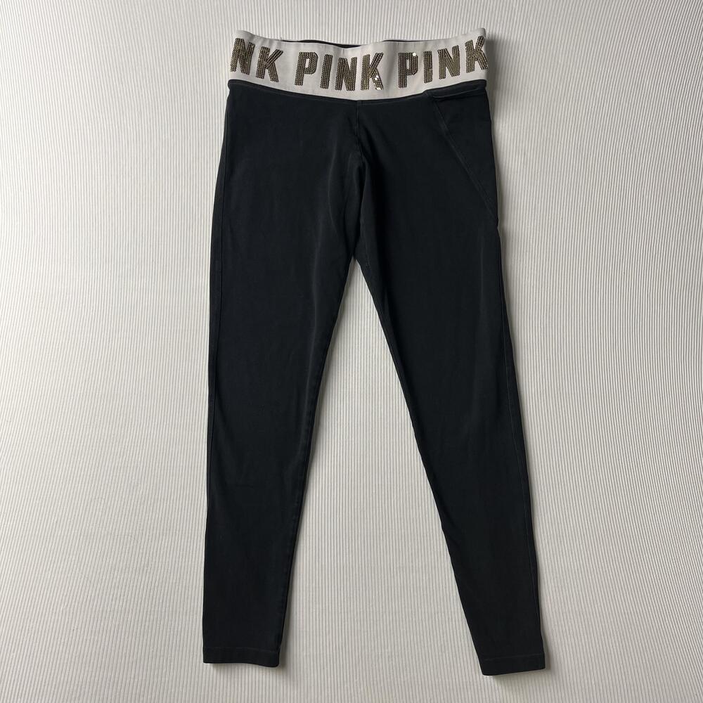 PINK Victoria's Secret Leggings Womens M Black Yoga Sequin Waistband Logo Ankle